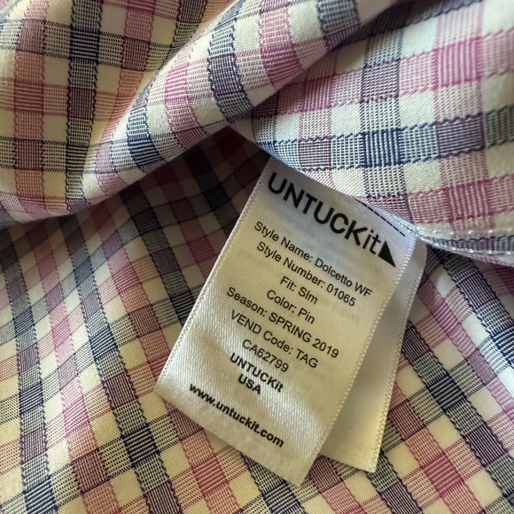 UNTUCKit Dolcetto Slim Fit Pink & Navy Plaid WF Button Up Shirt Mens LARGE - Picture 8 of 8